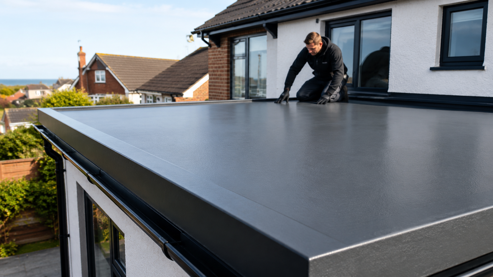 Roofer installing a GRP fibreglass flat roof on a modern extension
